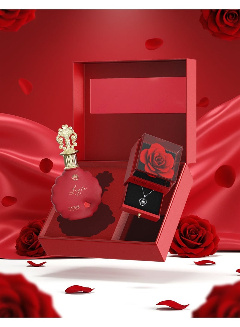 ANFAR 1950 Layla Gift Set – Extrait de Parfum 100ml for Women – Luxury Perfume with Decorative Rose & Necklace – Elegant Gift Set for Her - Image 3